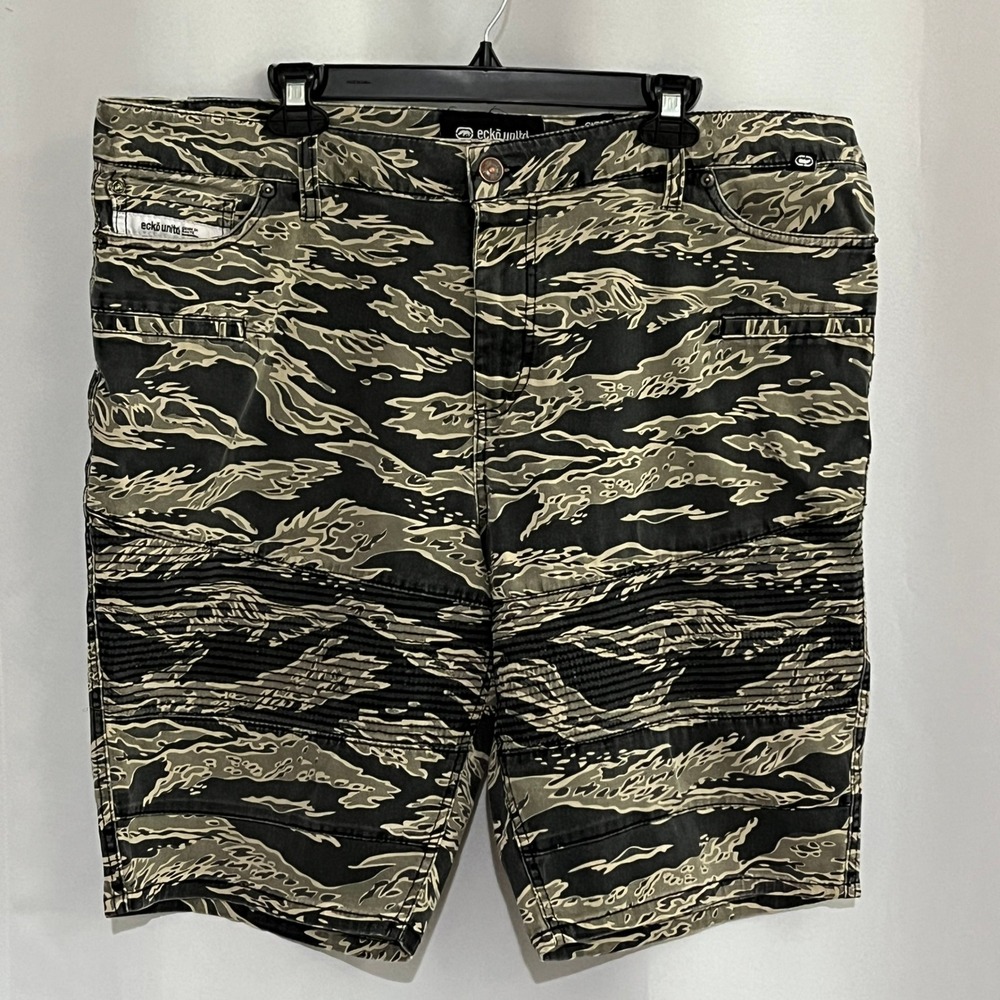 Ecko Unltd Moto Shorts Mens 42 Green Camo Tiger Stripe Denim Streetwear Utility